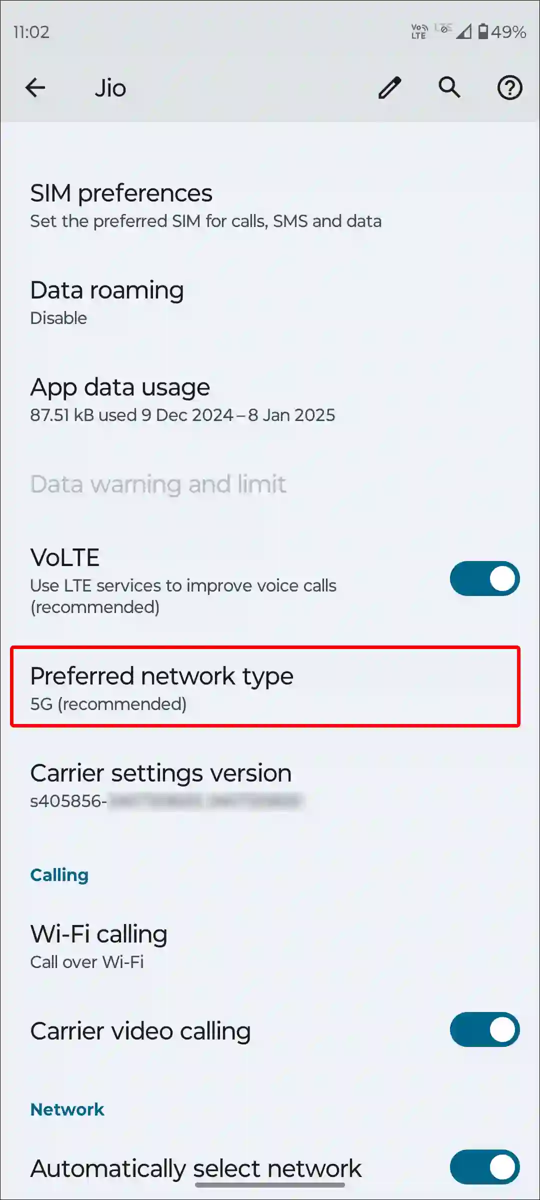 android preferred network type