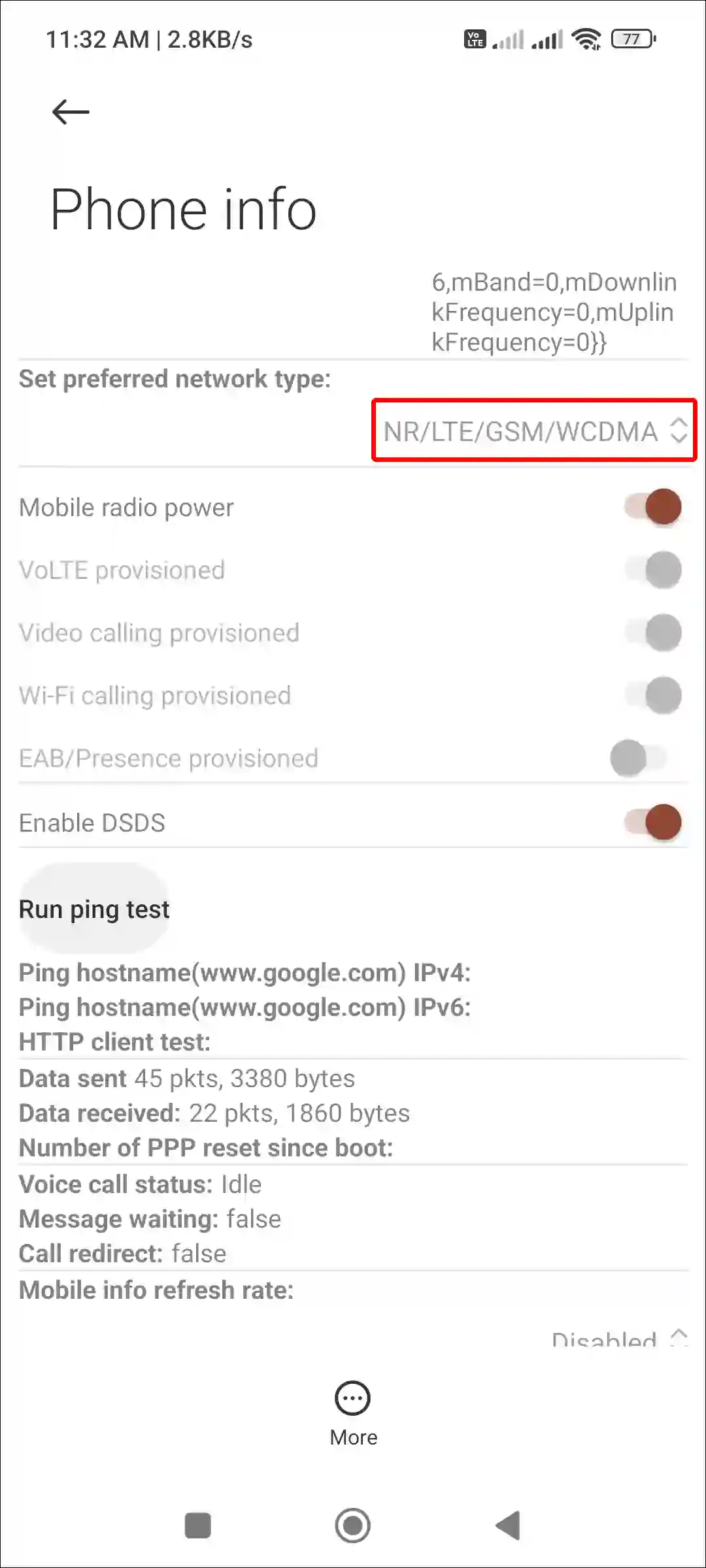 android set preferred network type