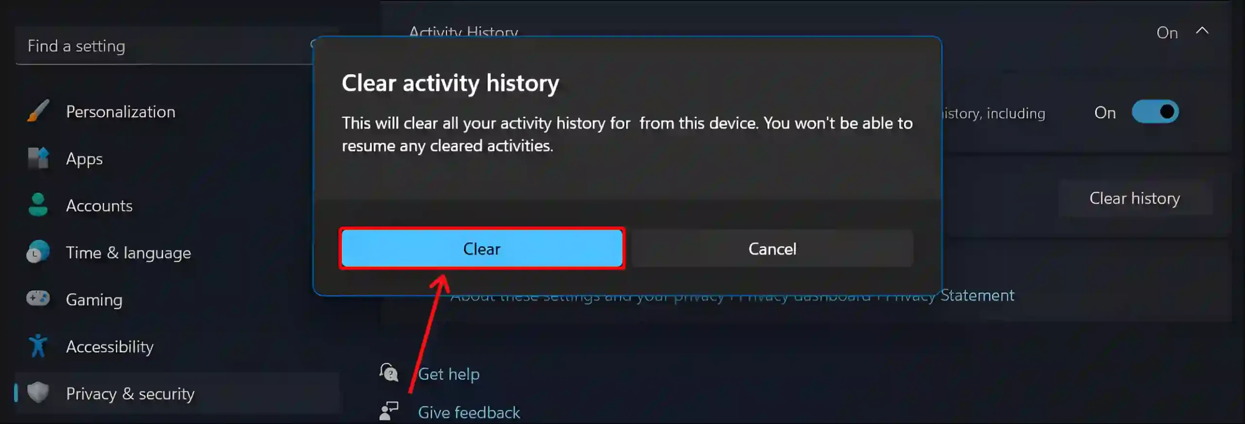 clear activity history windows 11