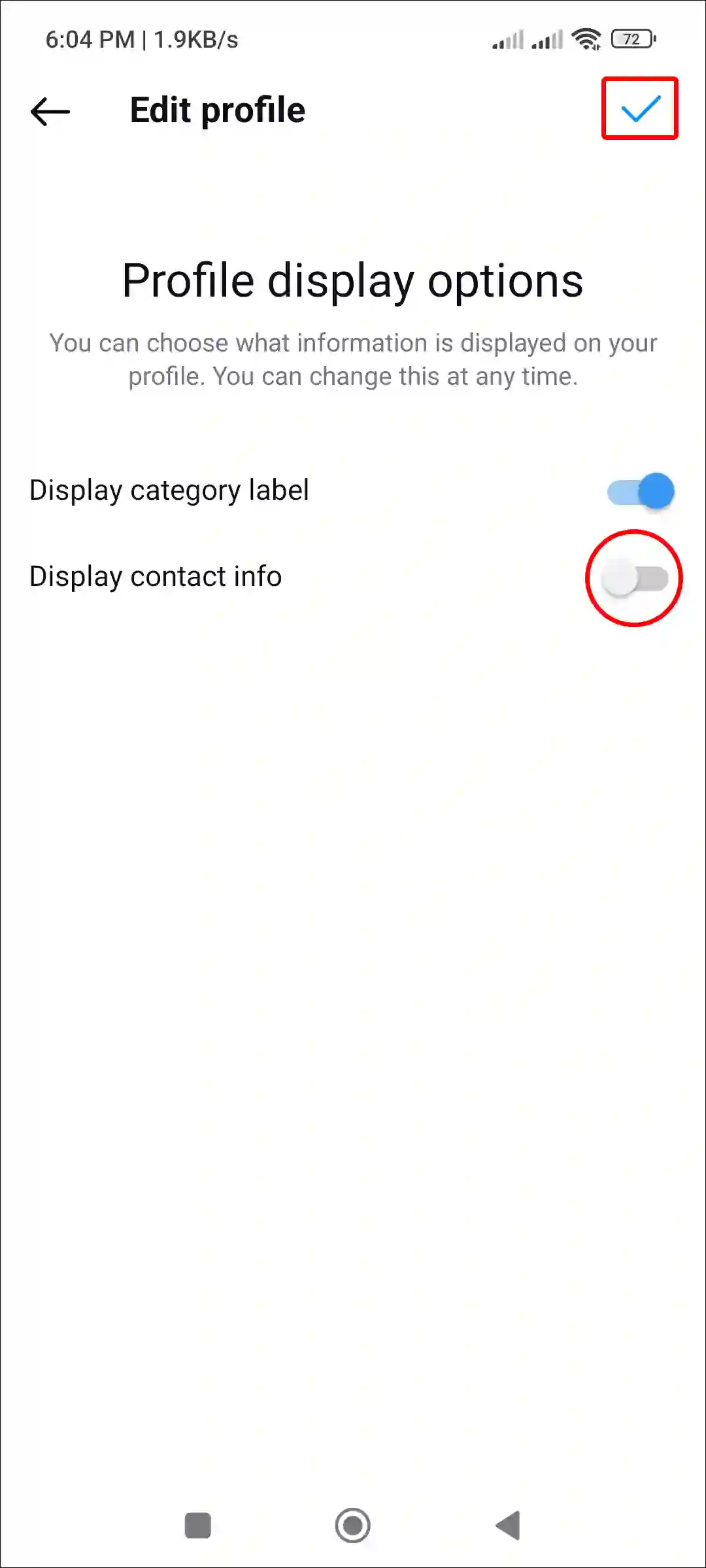 disable display contact info instagram