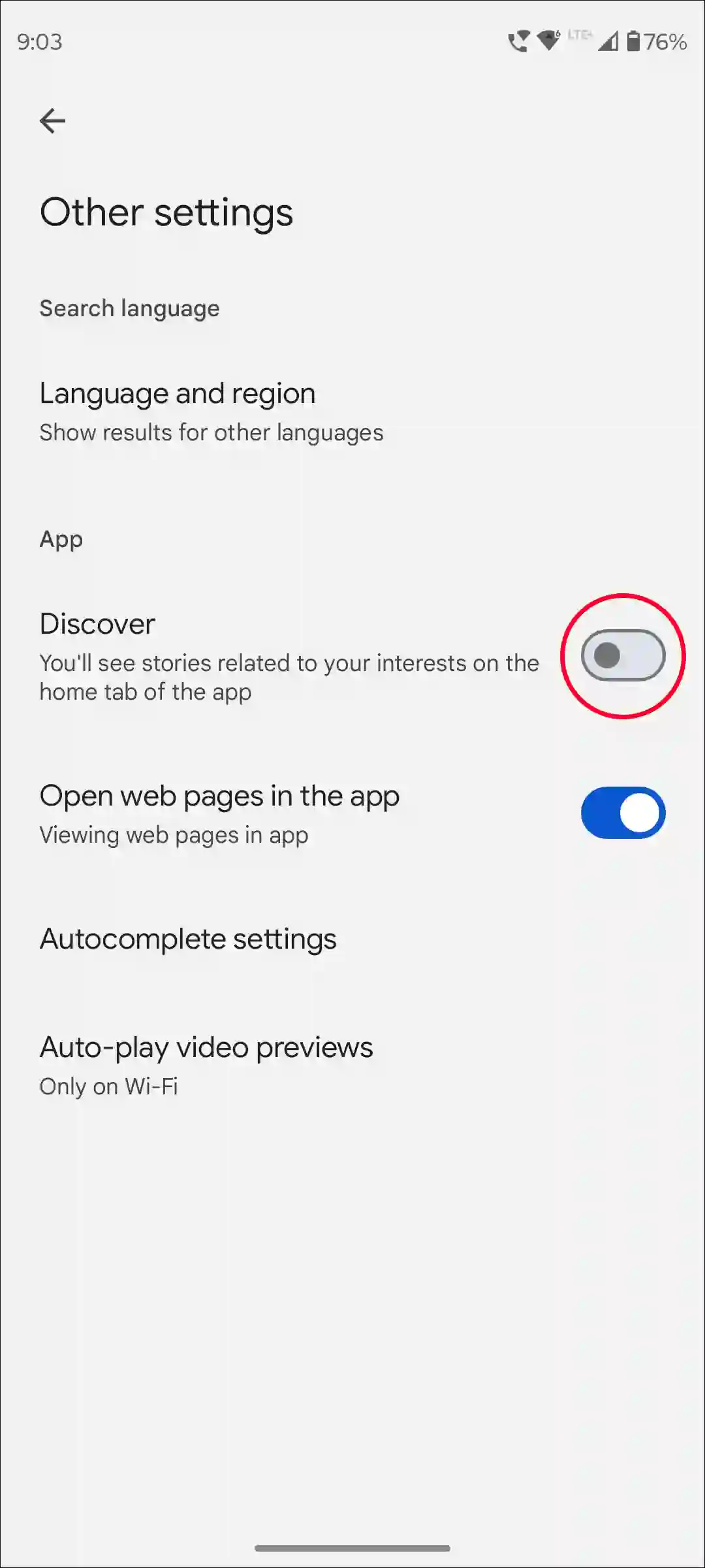 disable google discover feed android