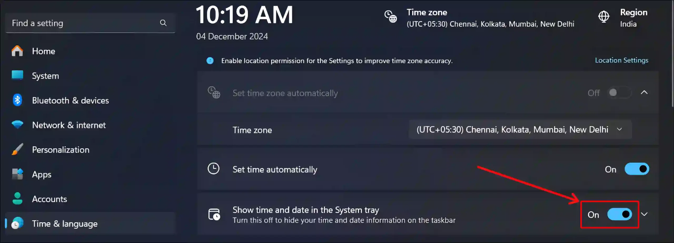 display the date and time option on taskbar in Windows 11