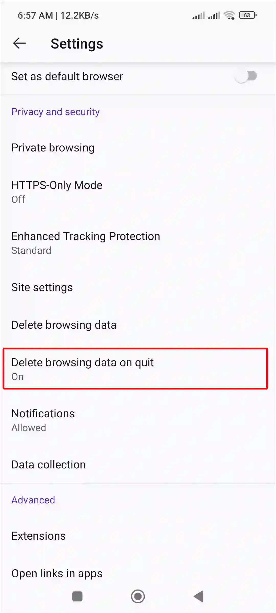 firefox delete browsing data on quit