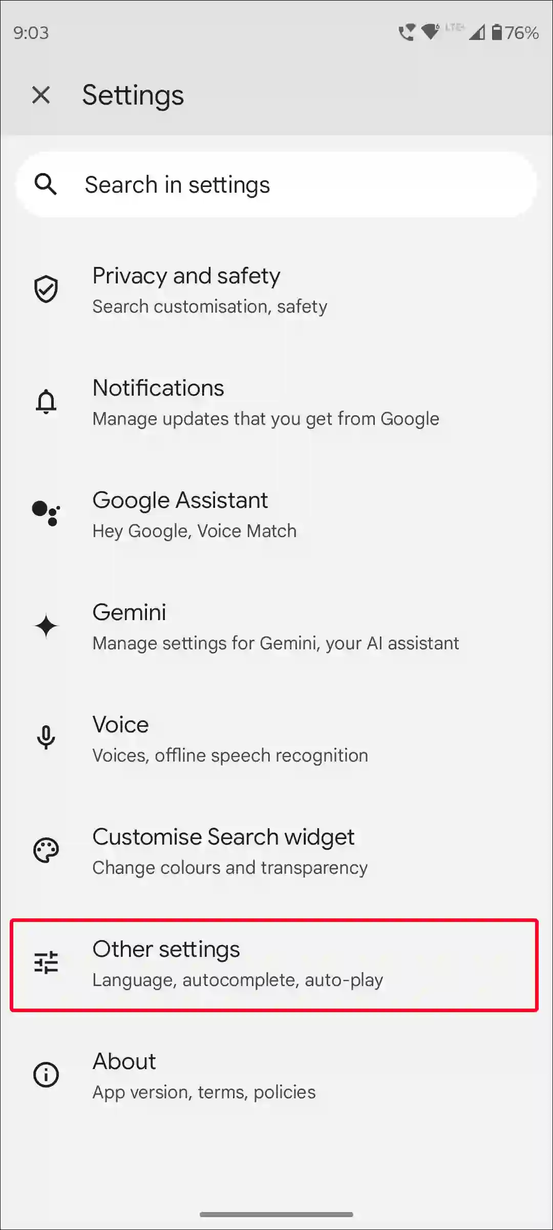 google app other settings