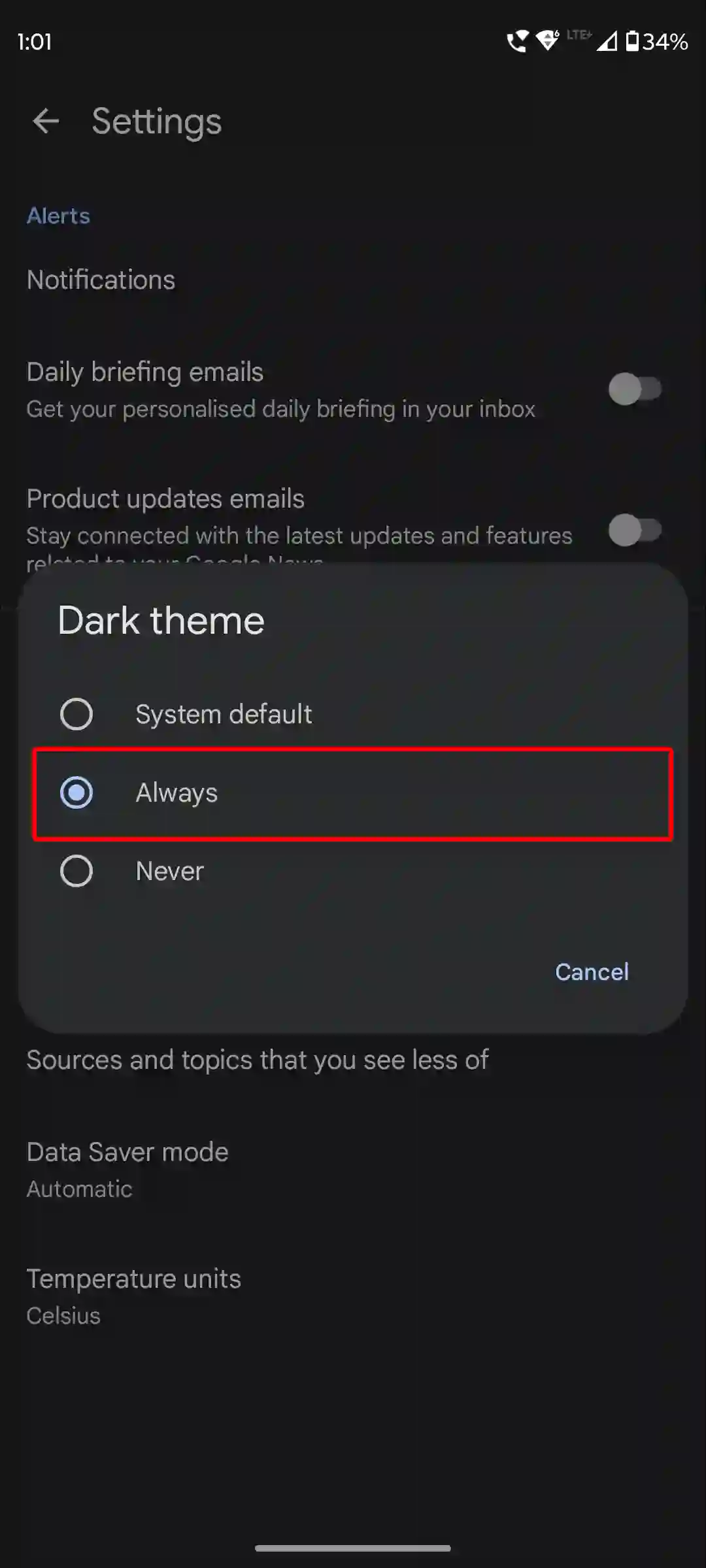 google news app dark mode always