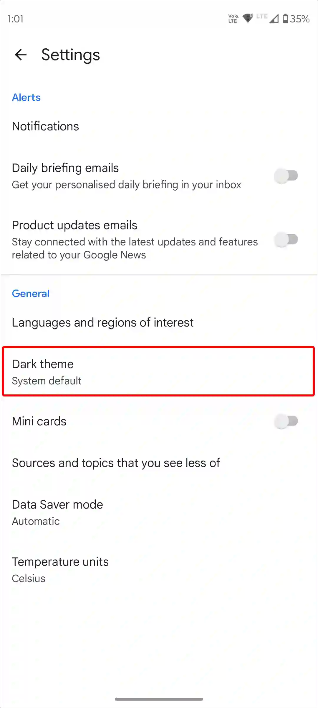 google news app dark mode enable