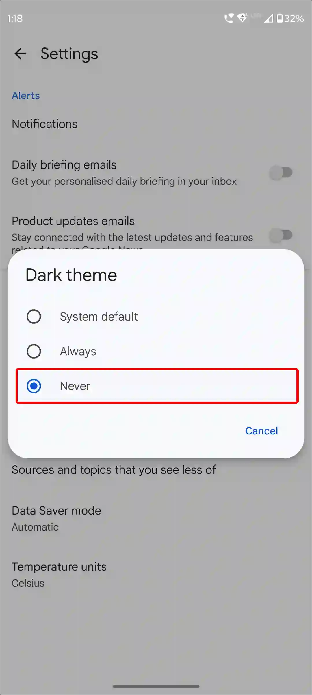 google news app dark mode never