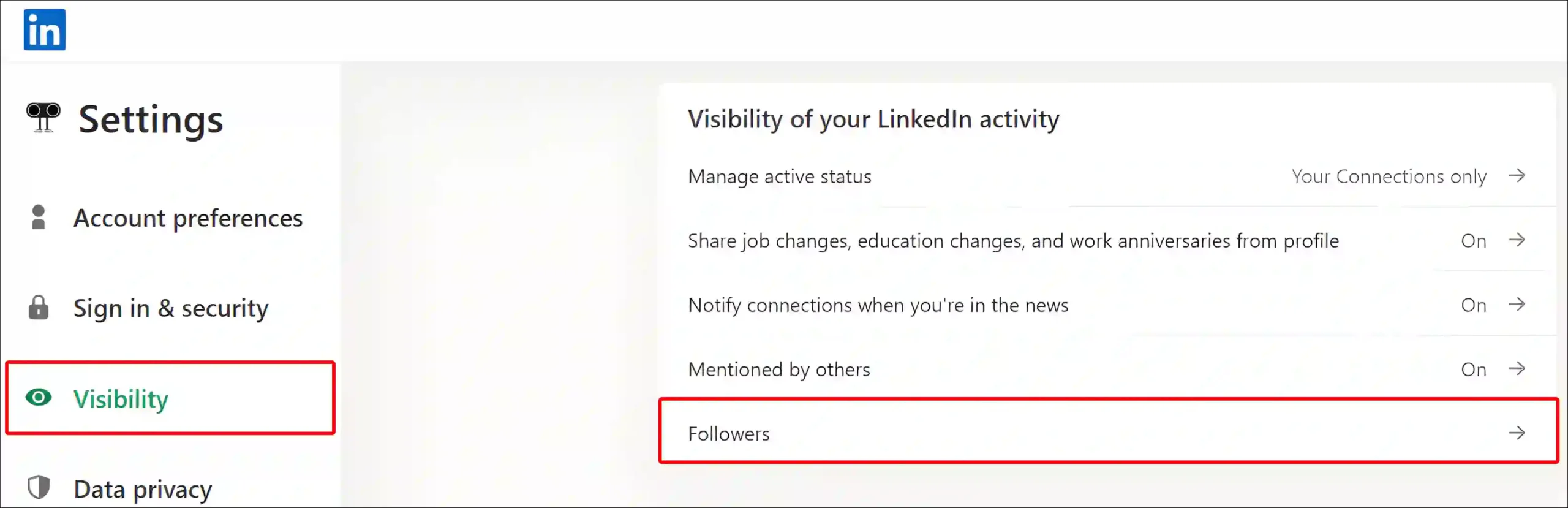 linkedin followers settings