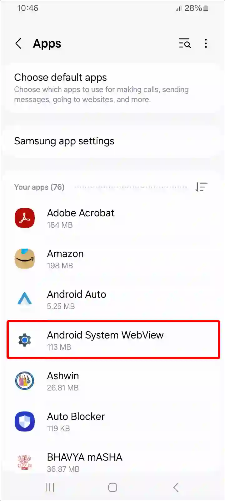 samsung android system webview settings