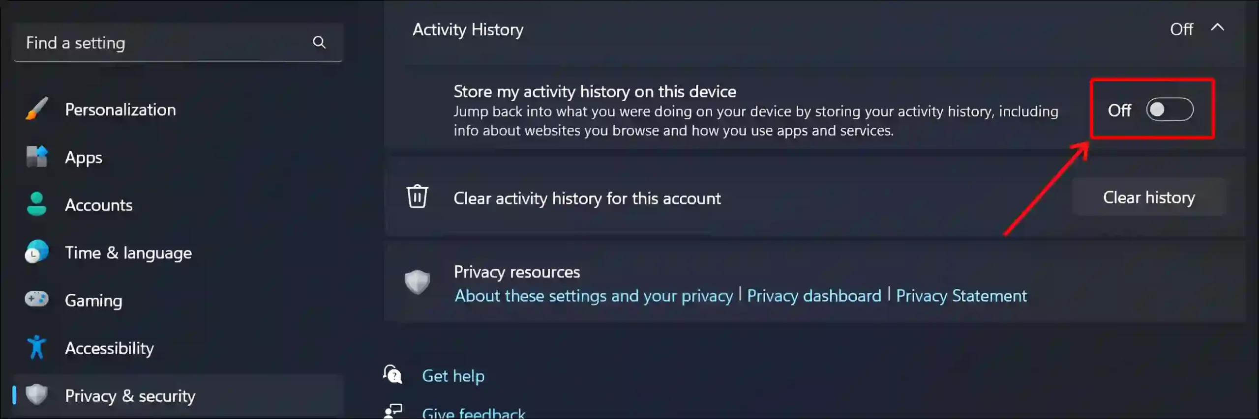 turn off activity history windows 11