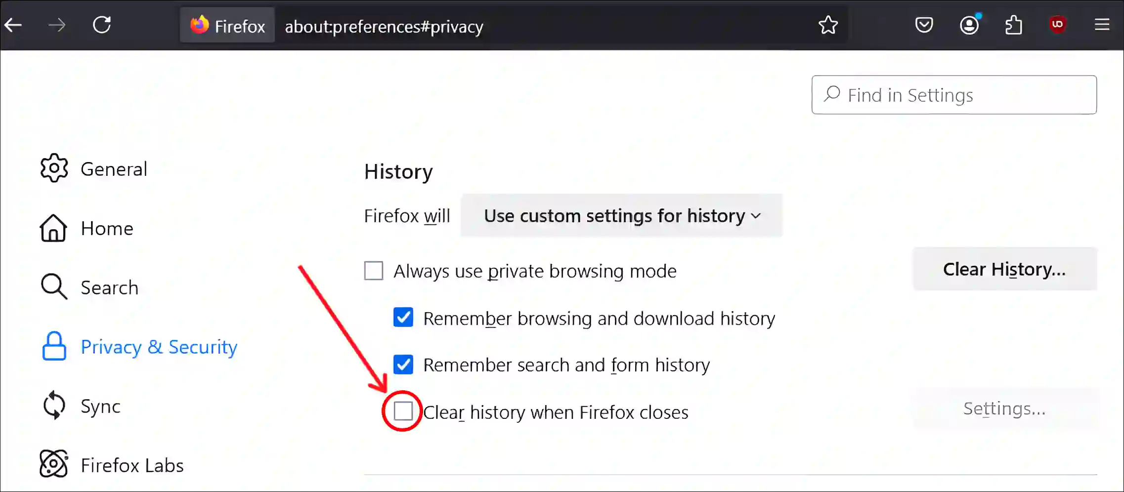 turn off clear history when firefox closes