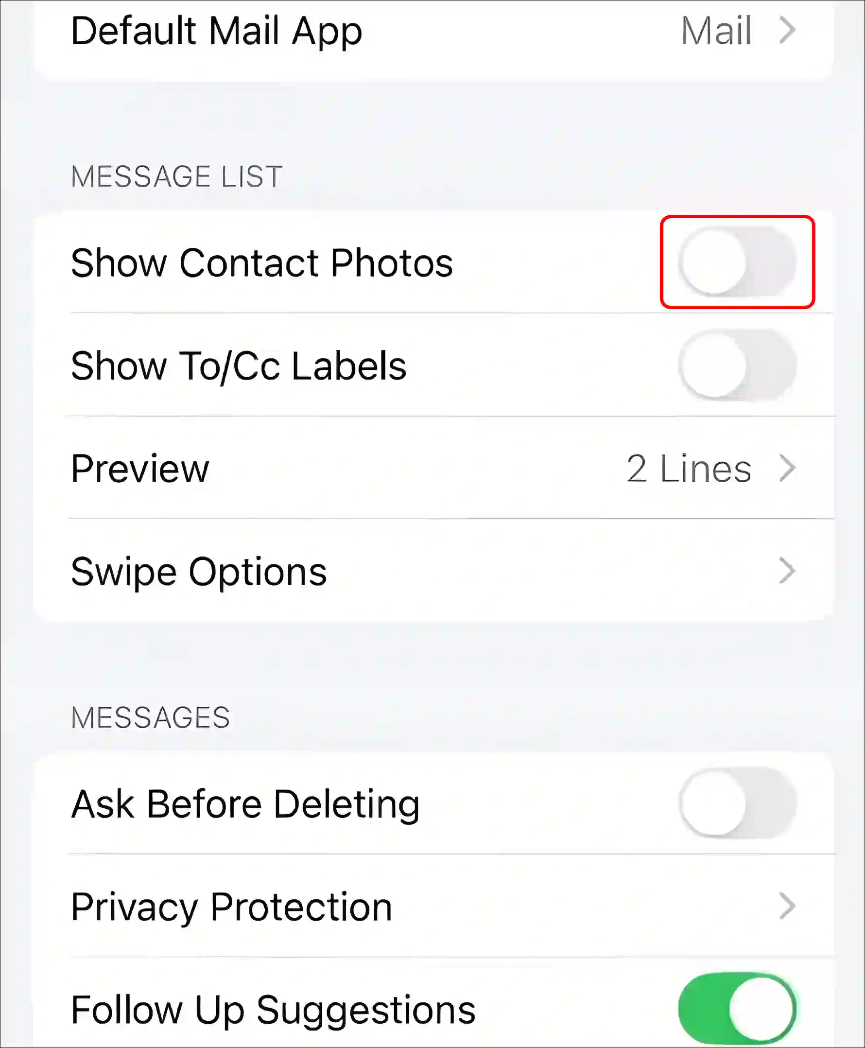 turn off contact photos in mail app iphone