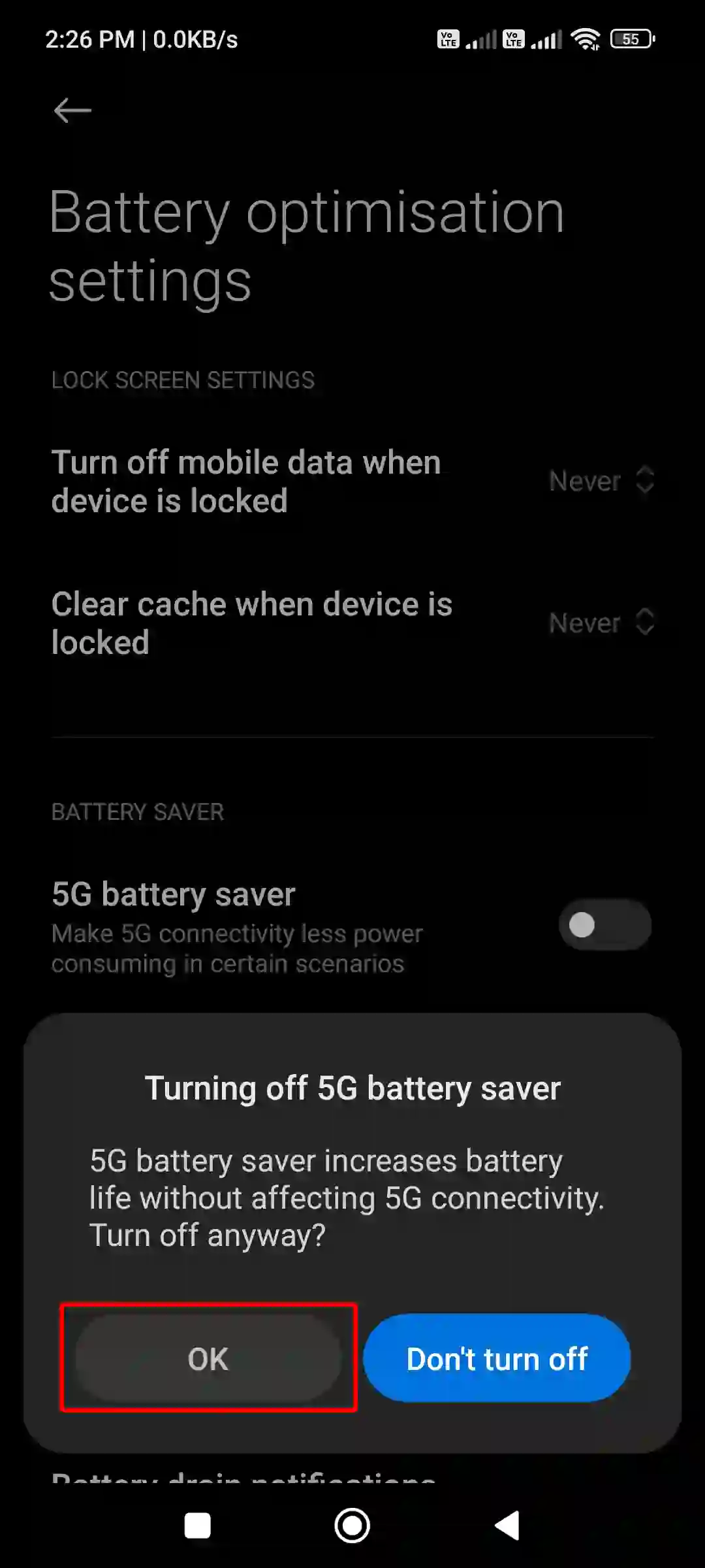 turning off 5g battery saver