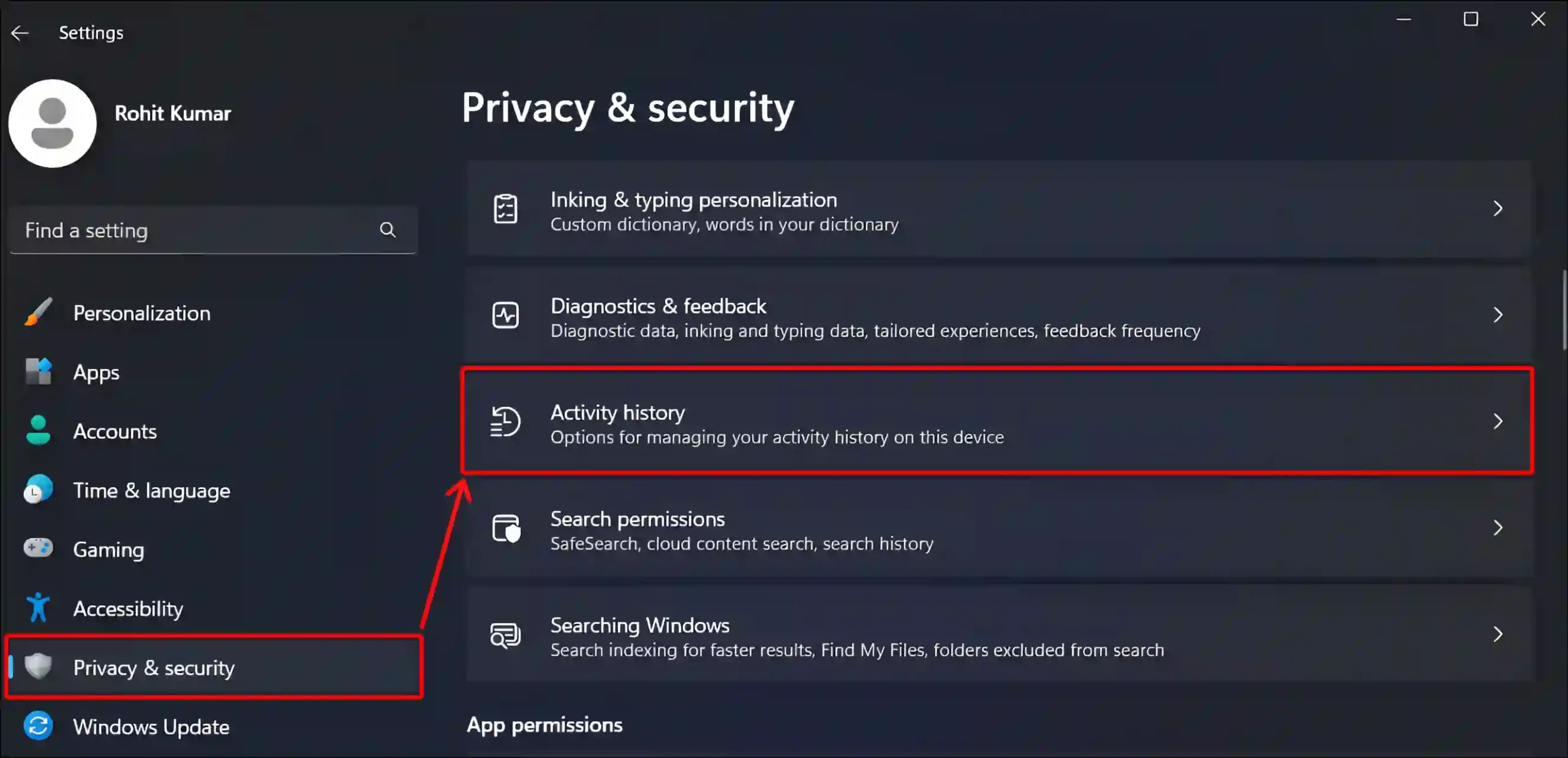 windows 11 activity history settings