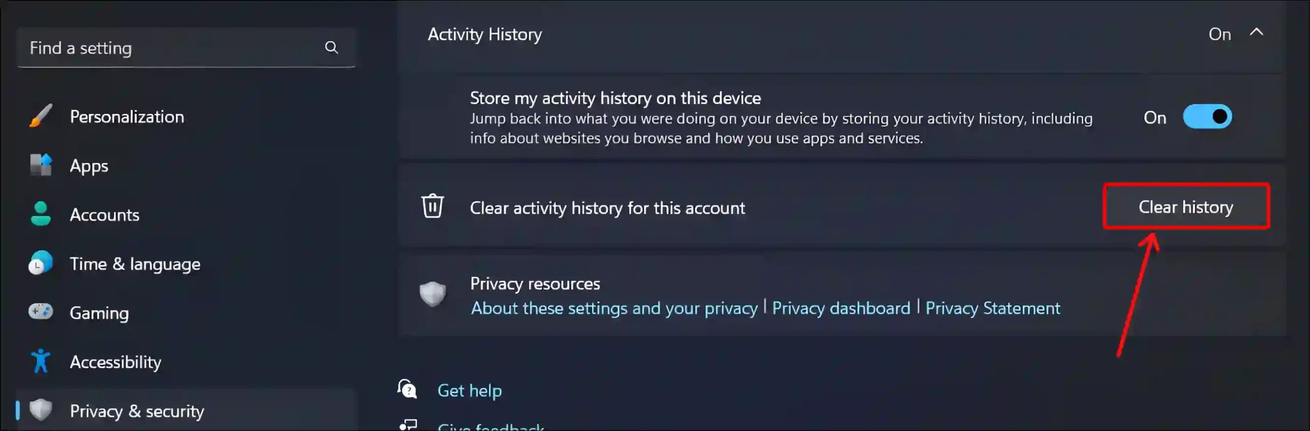 windows 11 clear activity history