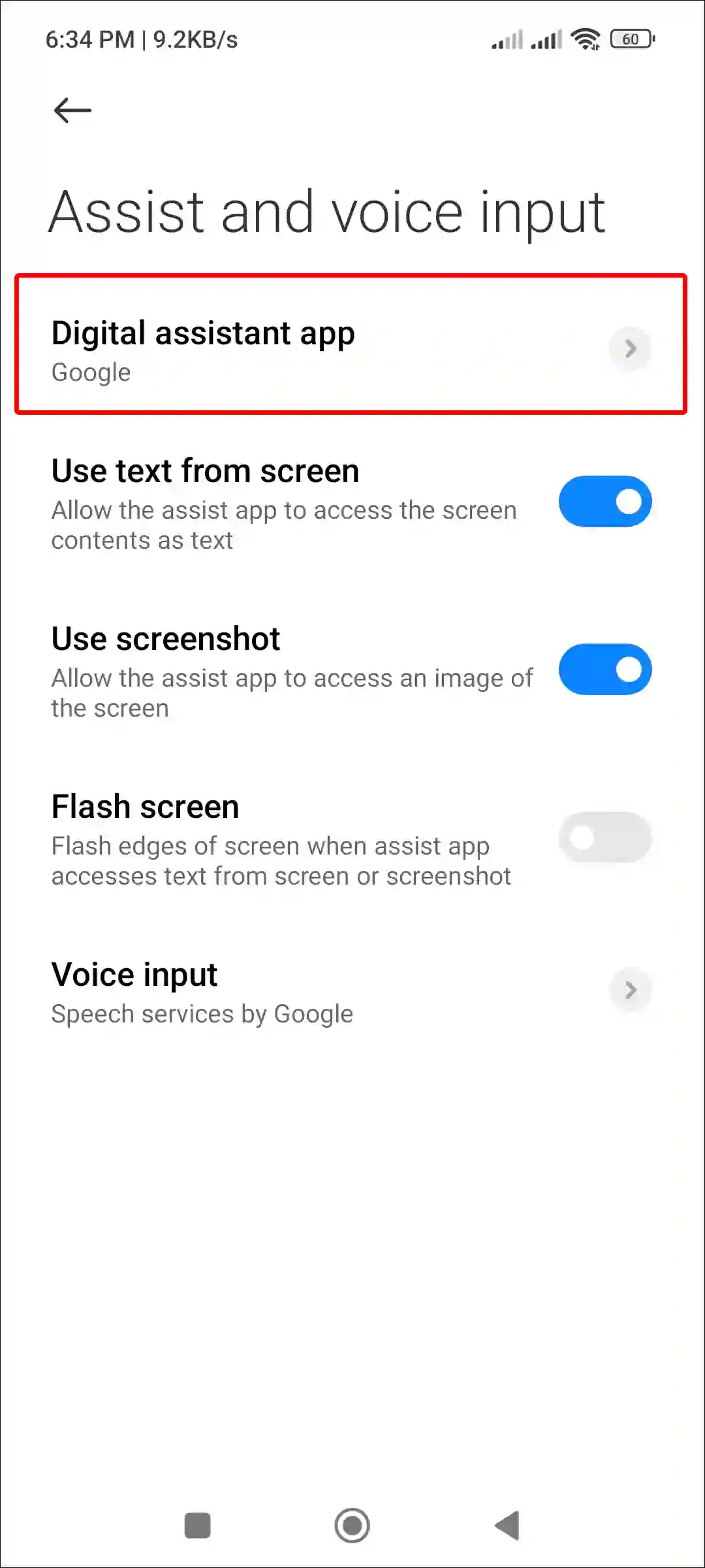 android digital assistant app settings