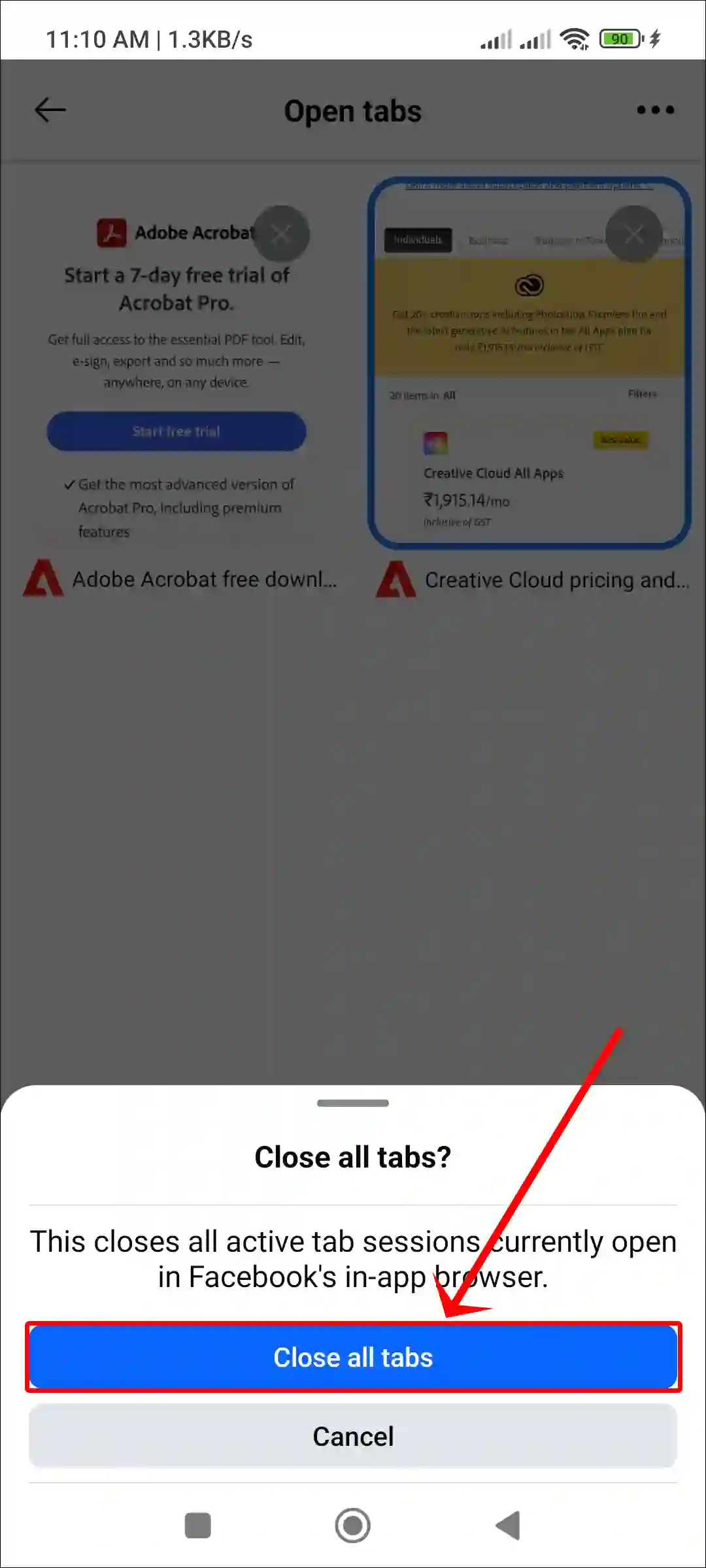 close facebook in app tabs