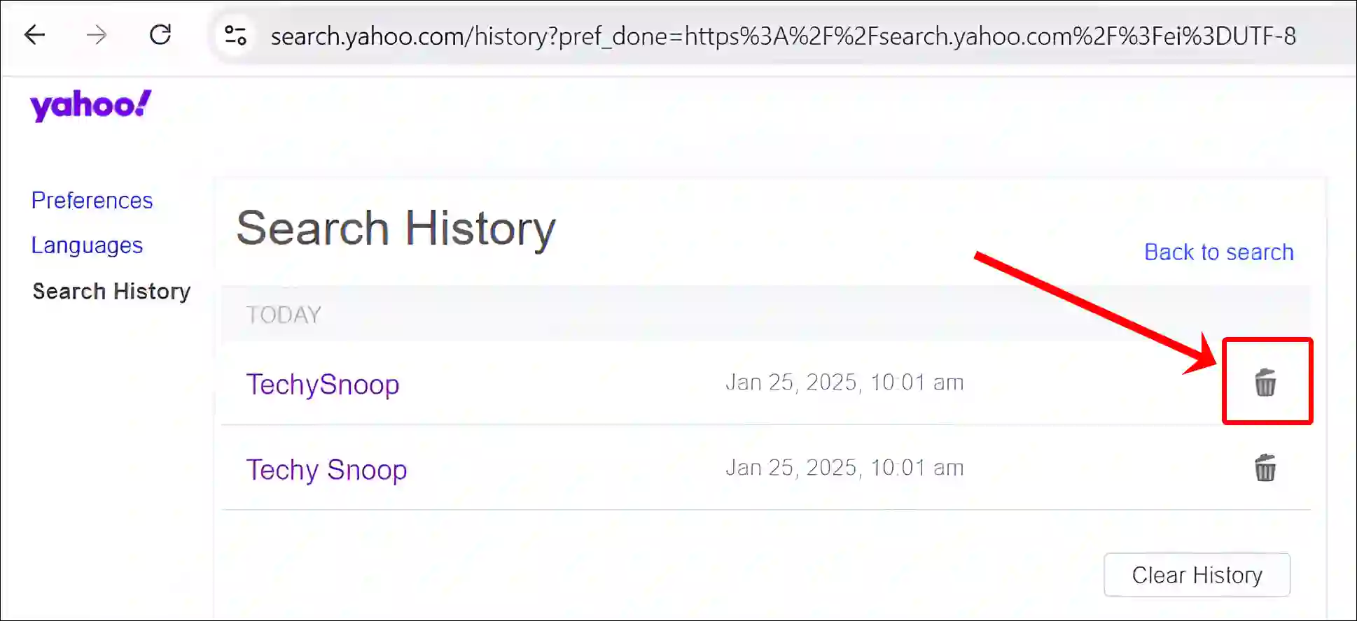 delete yahoo website search history