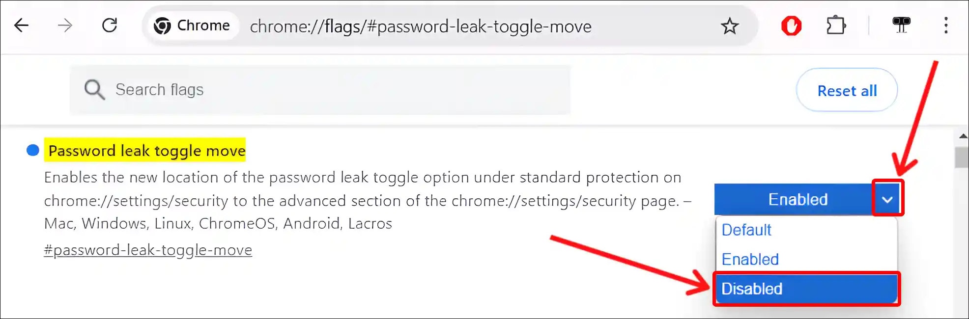 disable chrome password leak toggle move