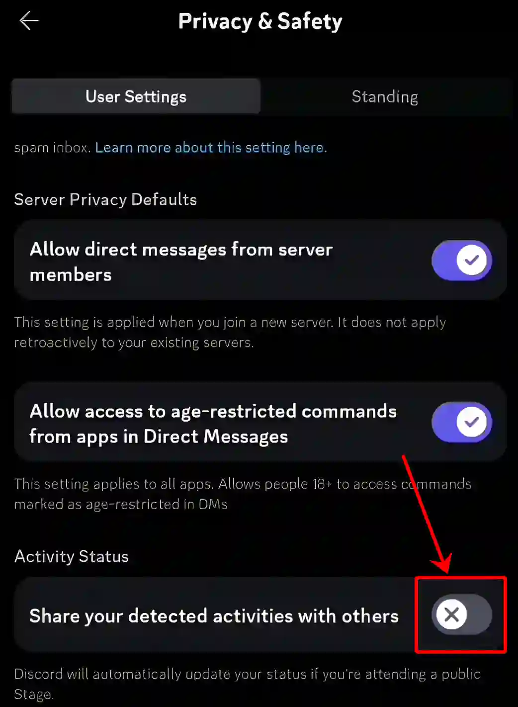 disable share your detected activities with others discord mobile