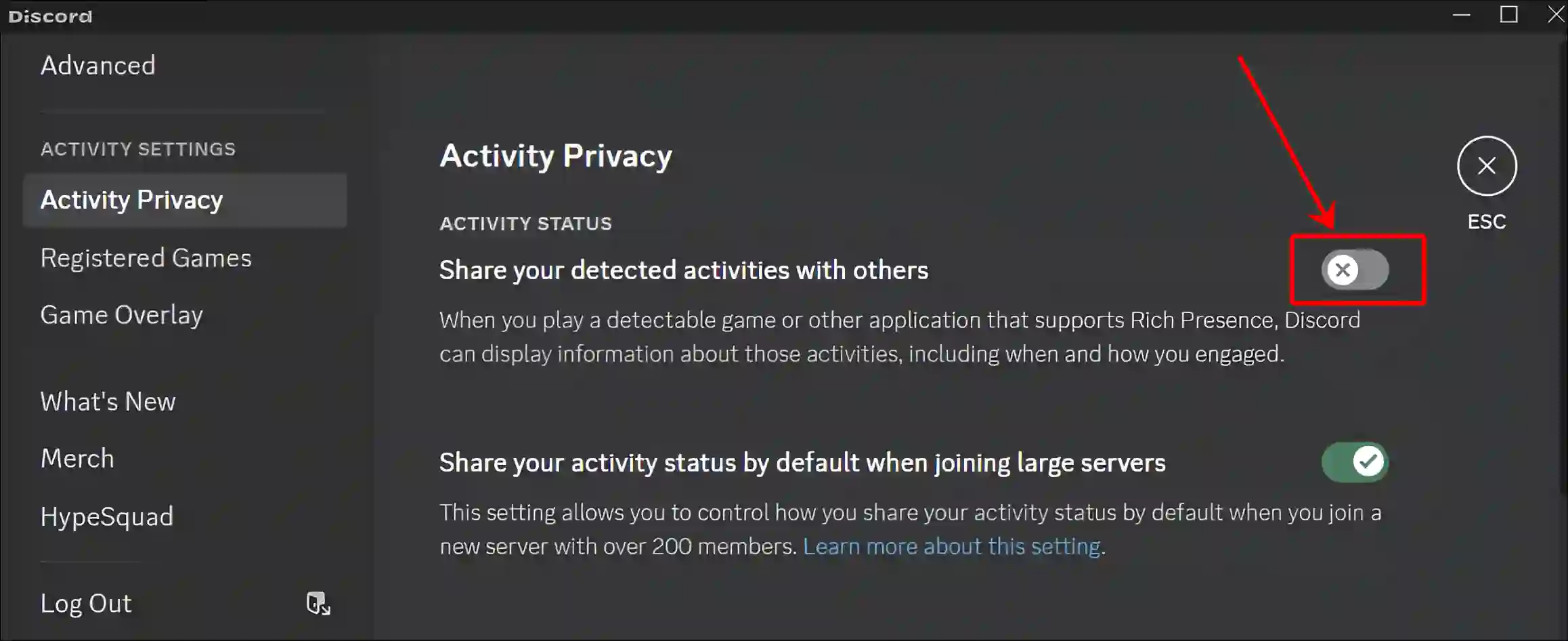 disable share your detected activities with others discord pc