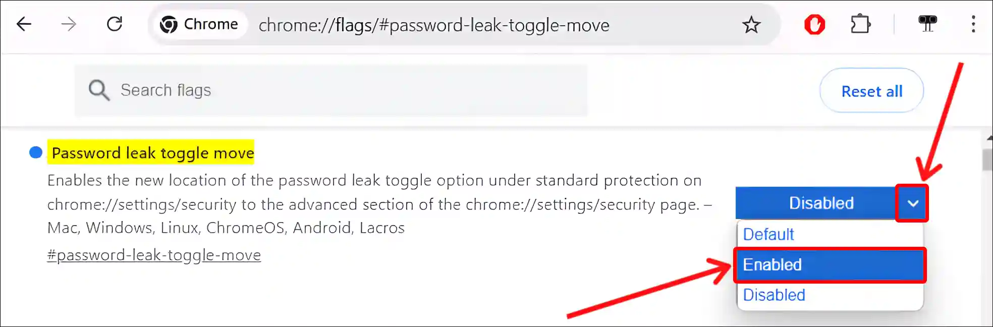 enable chrome password leak toggle move