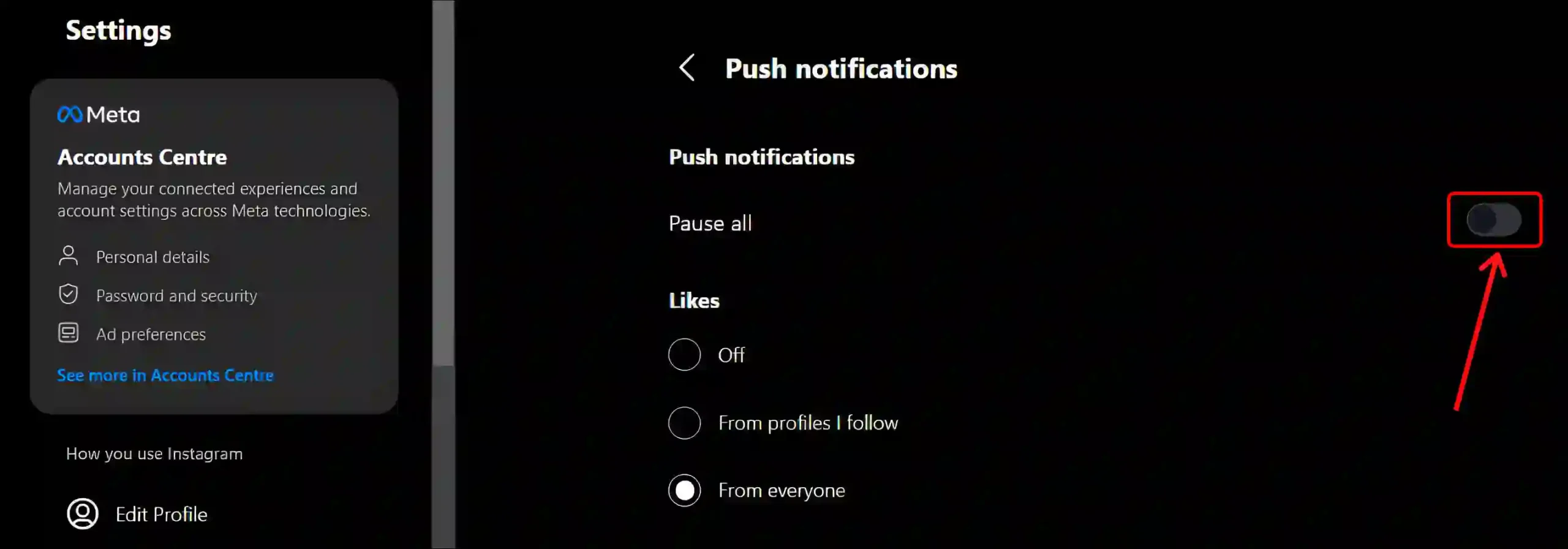 instagram web push notifications on off