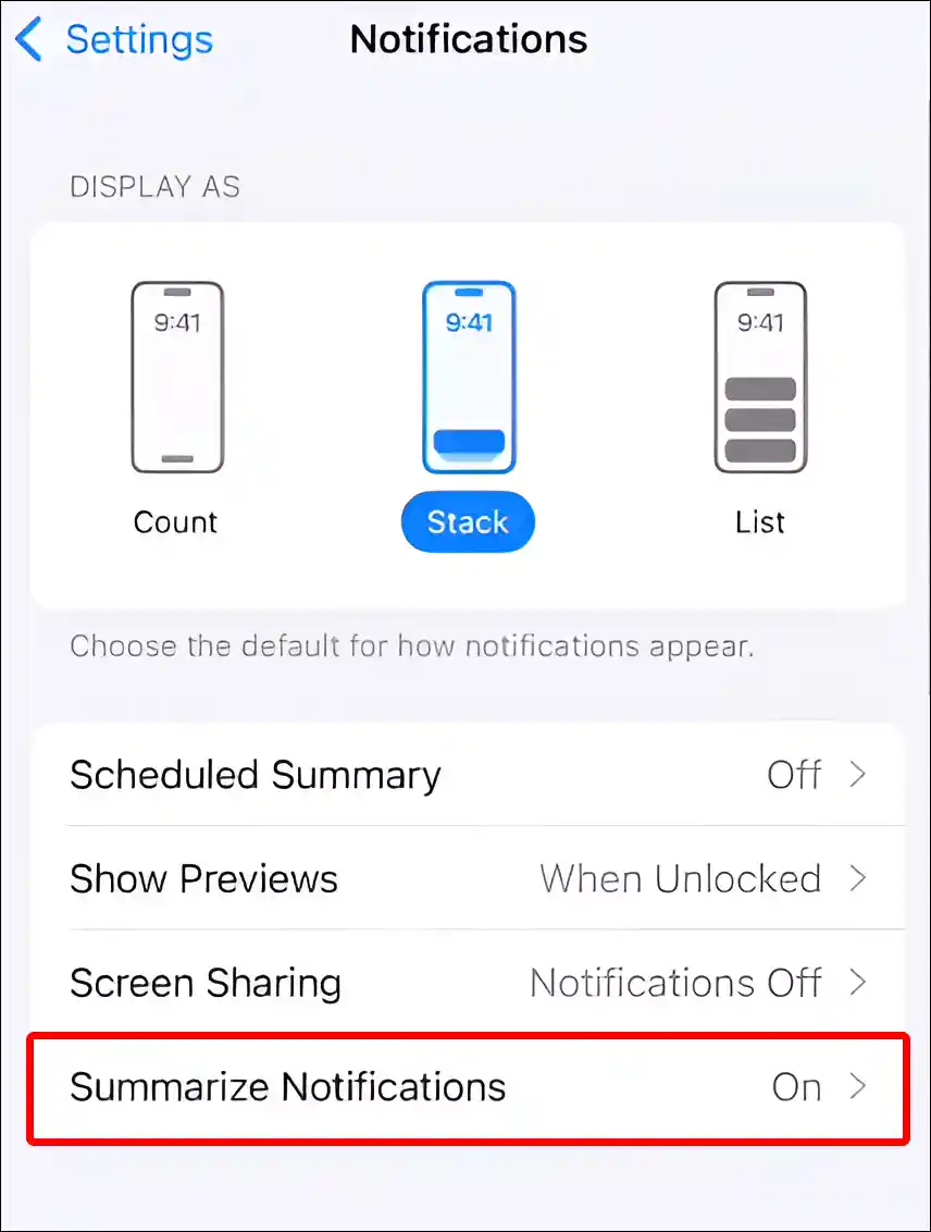 iphone summarize notifications settings