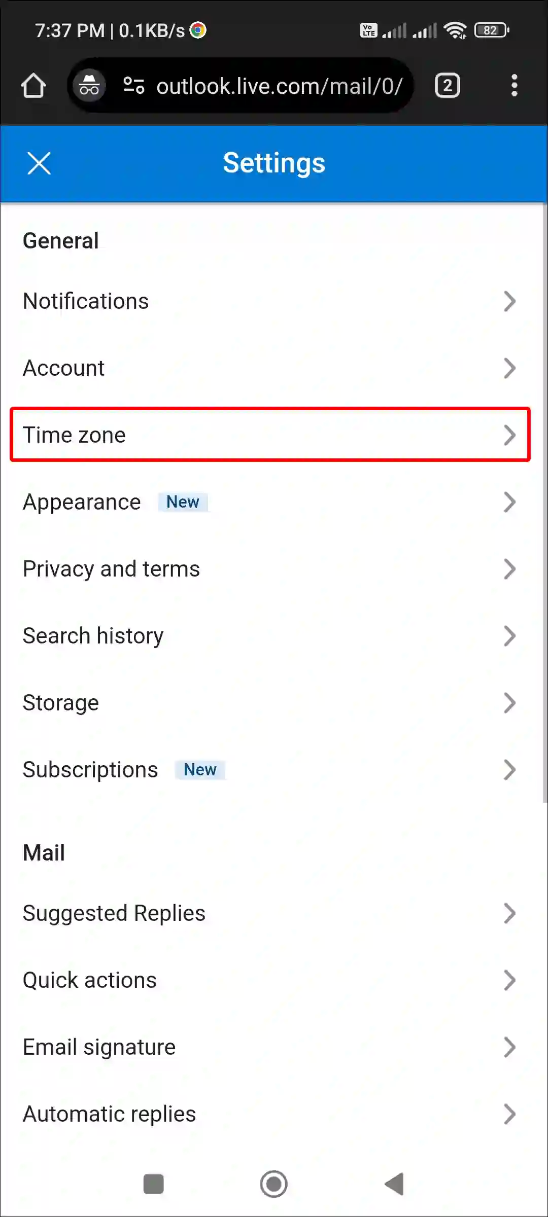 outlook mobile web time zone