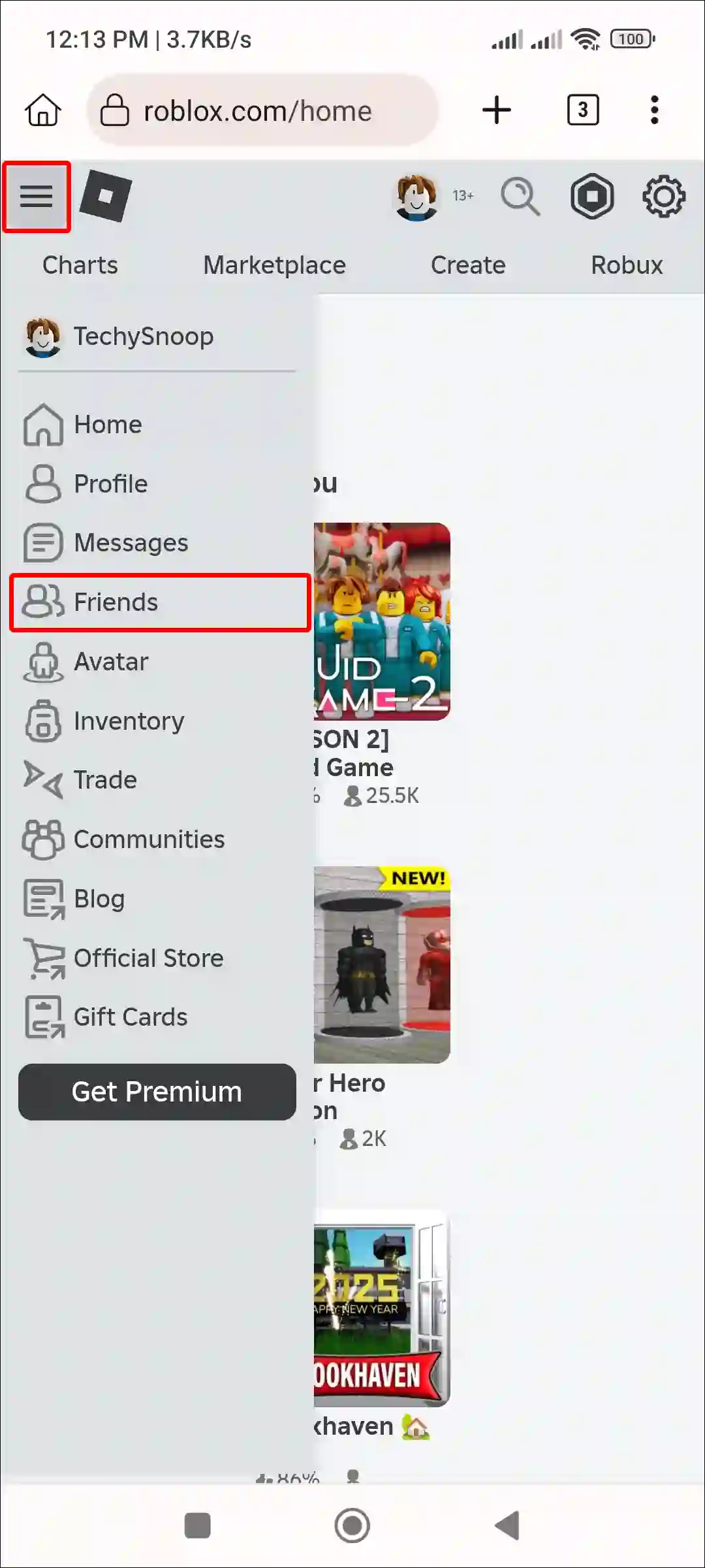 roblox mobile friends section