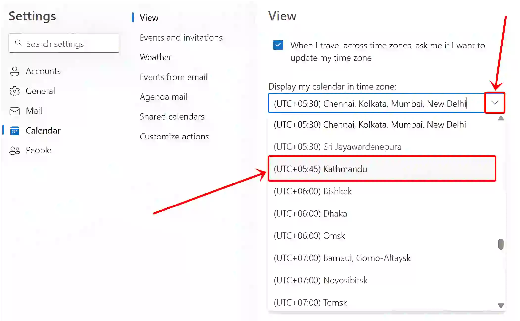 select microsoft outlook time zone