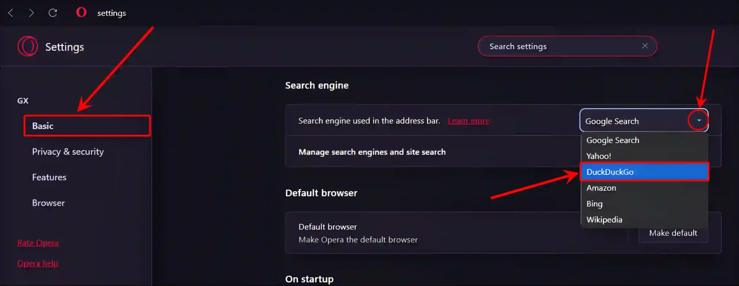 set default search engine opera gx