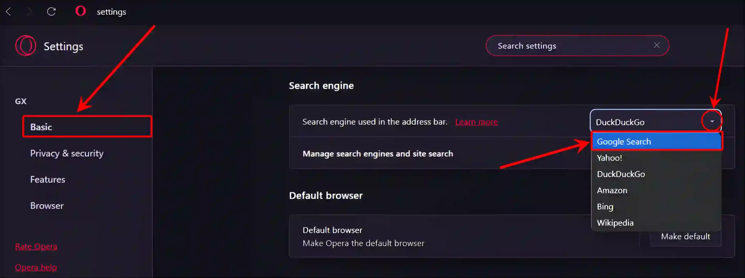 set google as default search engine opera gx