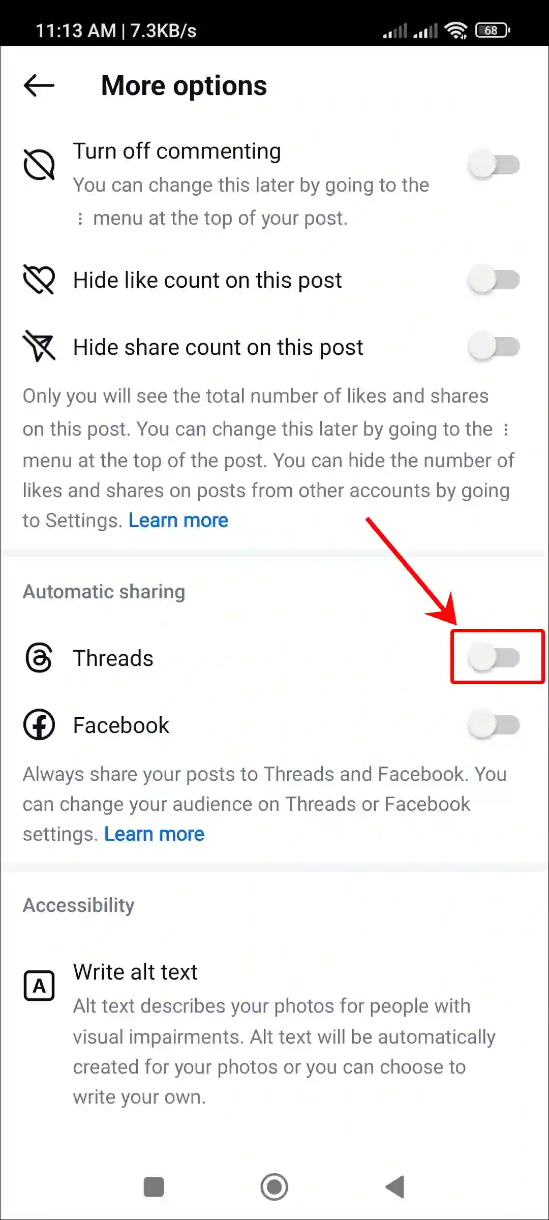 turn off automatic sharing instagram posts to threads