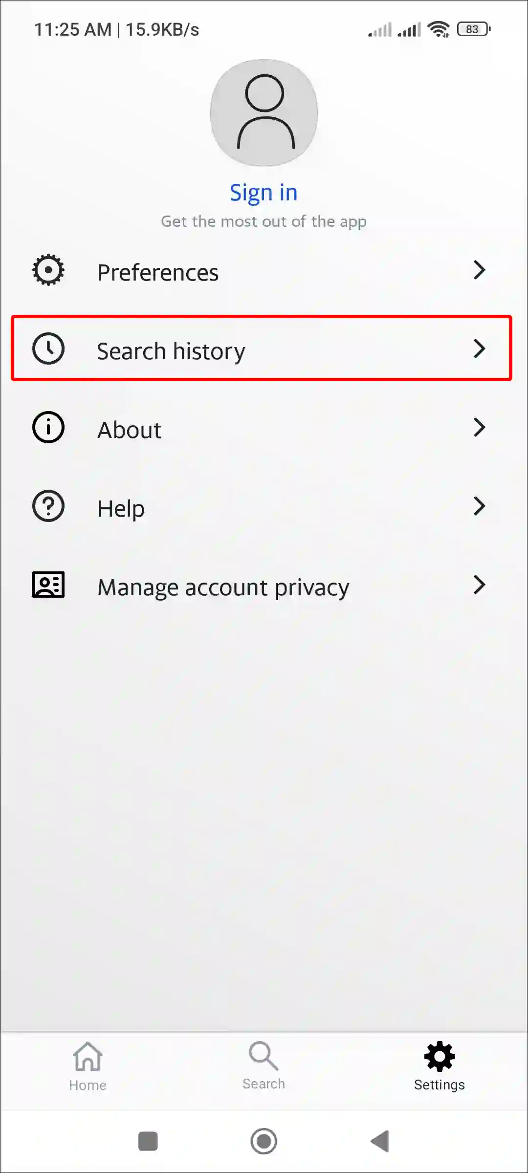 yahoo search app search history