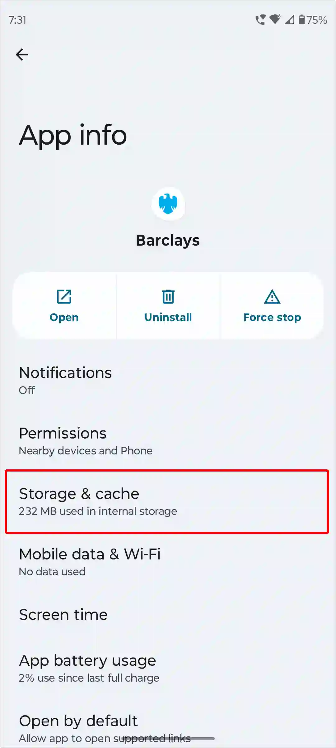 barclays app storage and cache android