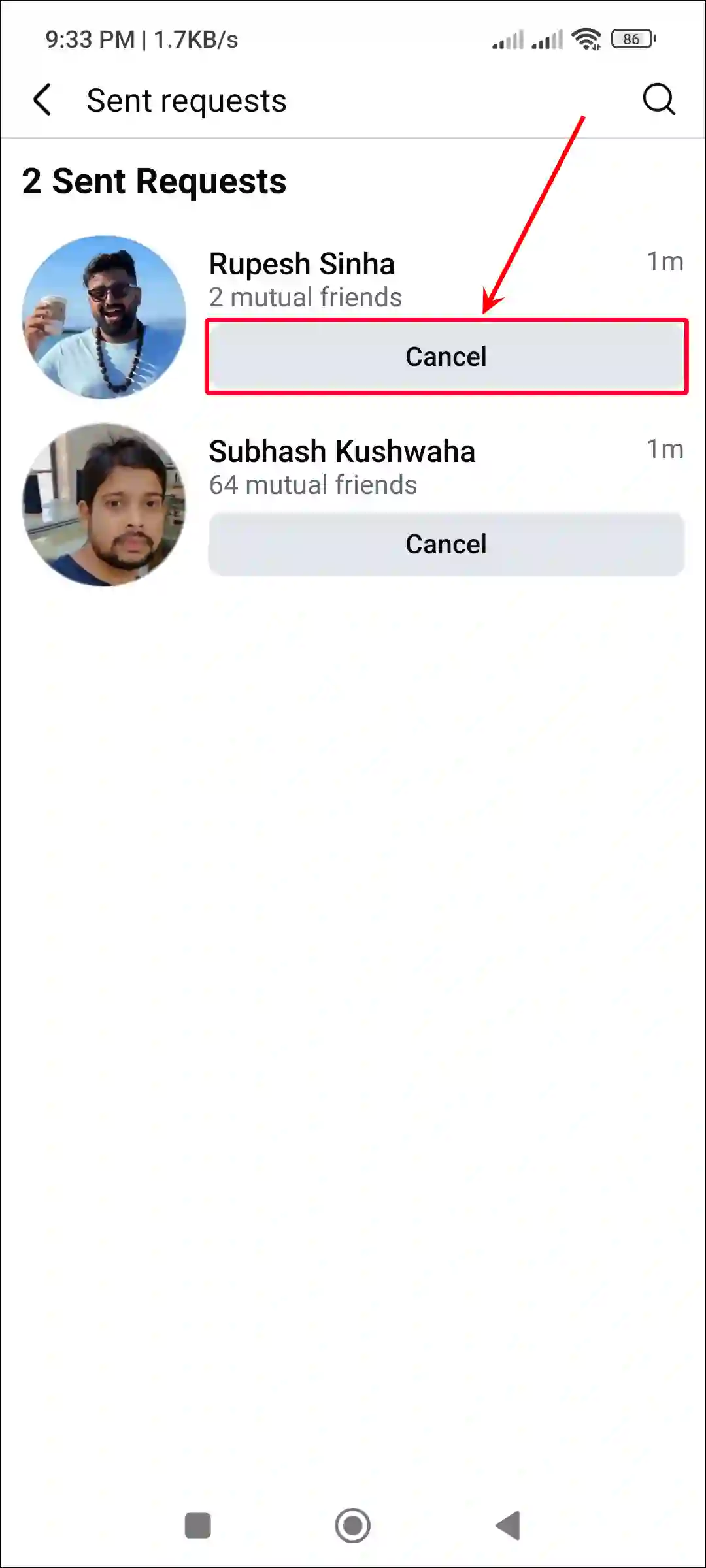 cancel friend request on facebook app