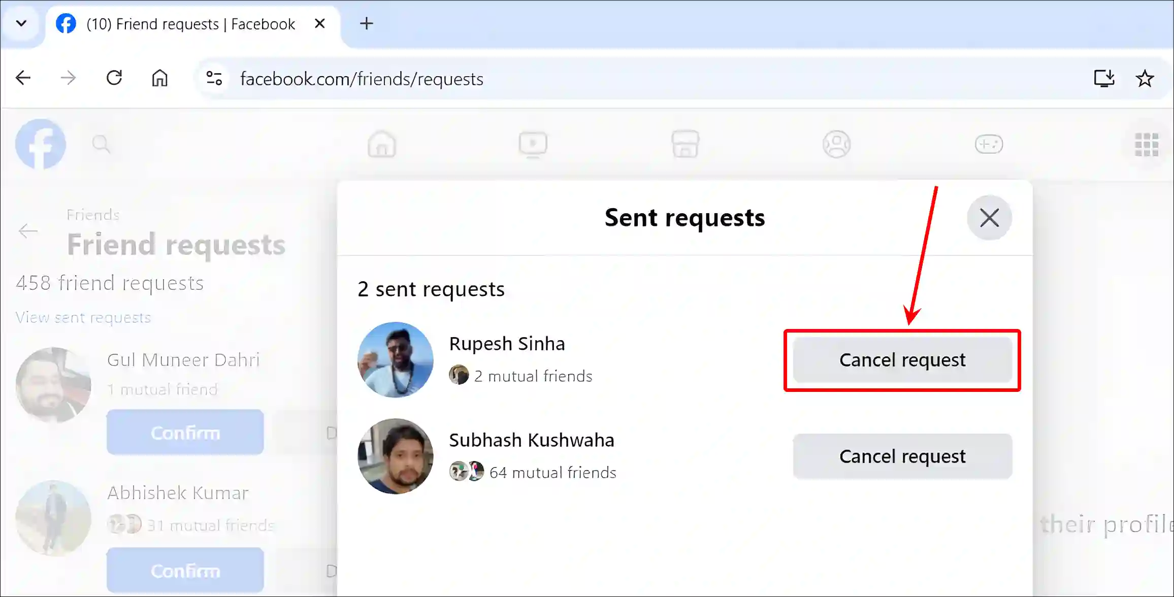 cancel friend request on facebook web