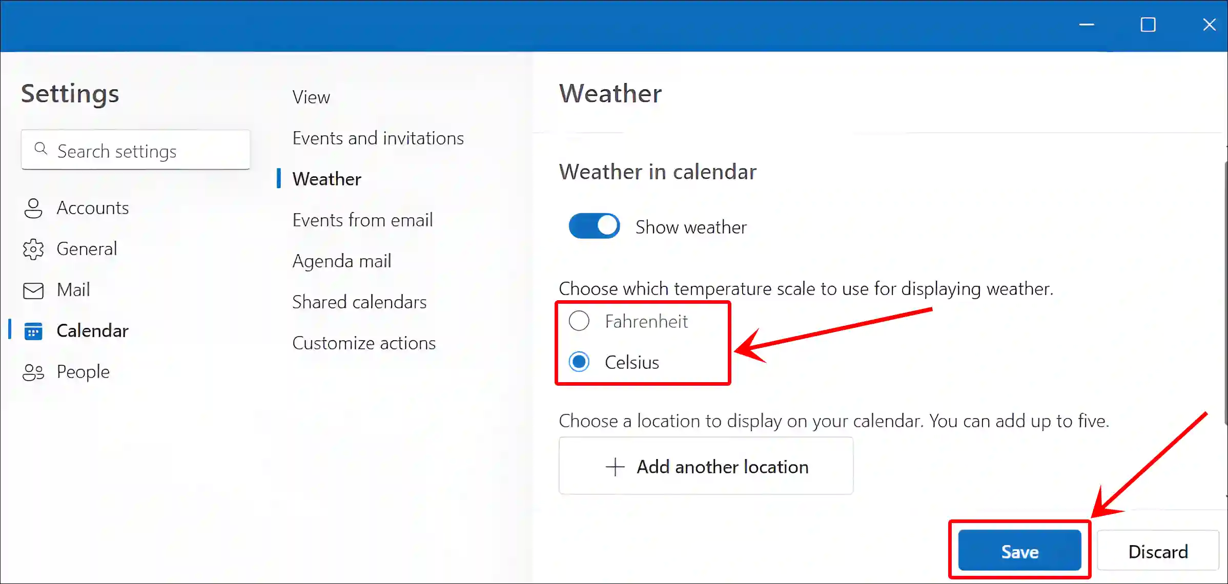 change fahrenheit celsius in outlook calendar