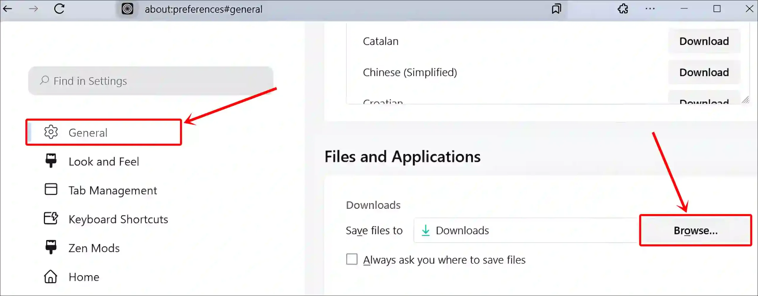 change zen download folder location