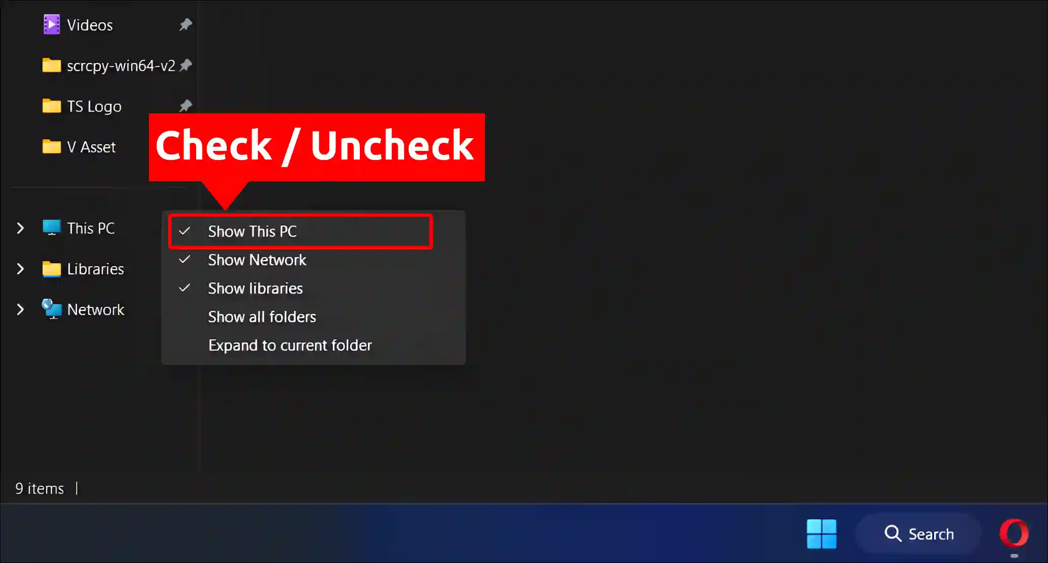 check uncheck show this pc file explorer