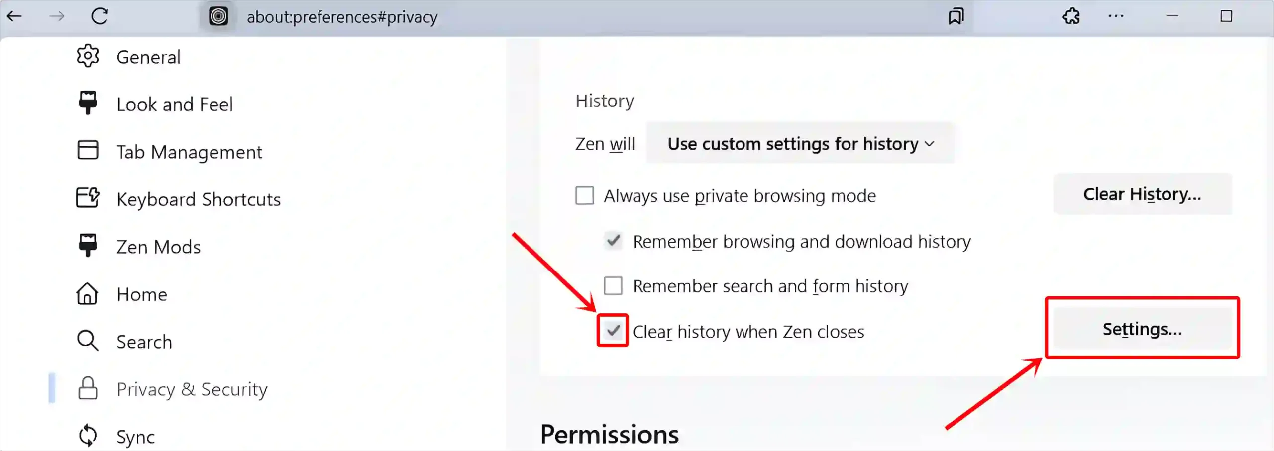 clear history when zen closes