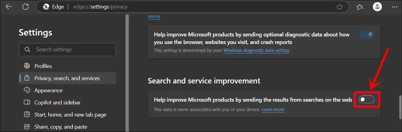 disable search and service improvement edge