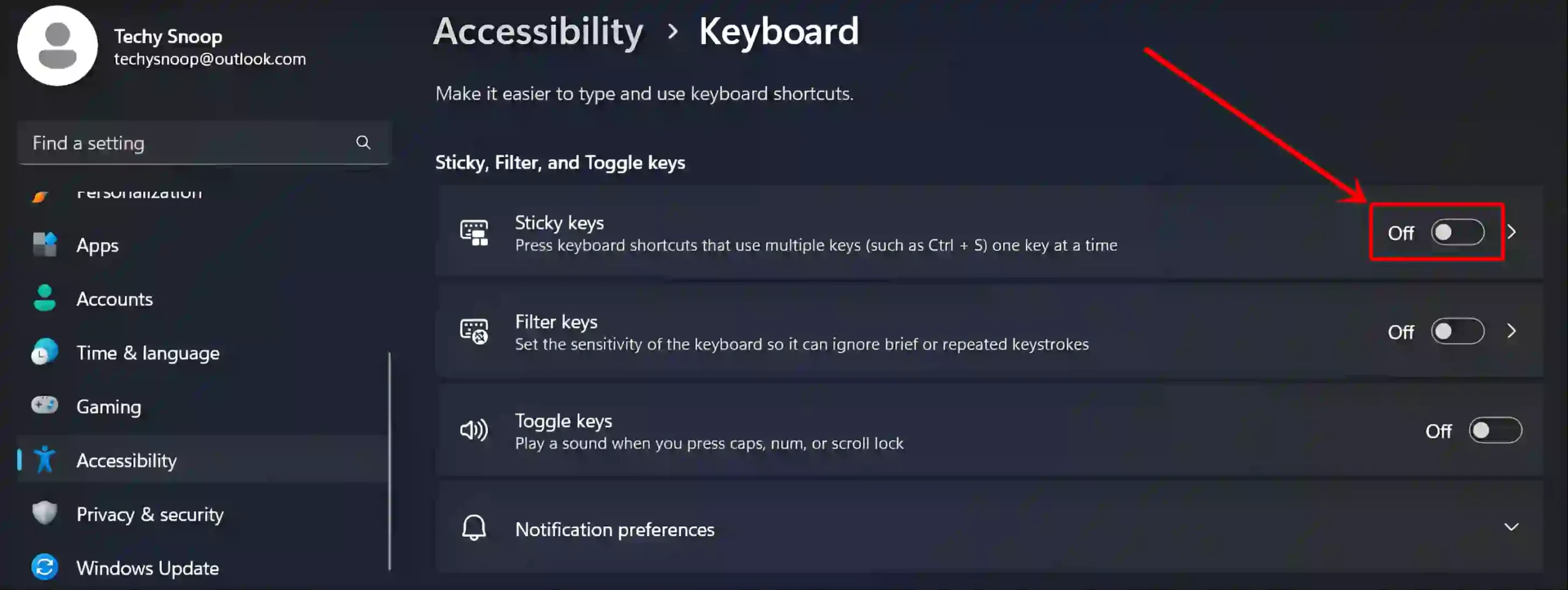 disable sticky keys on windows 11