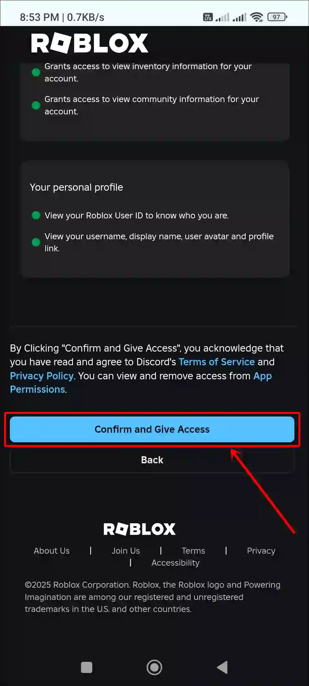 discord app connect roblox confirm and give access