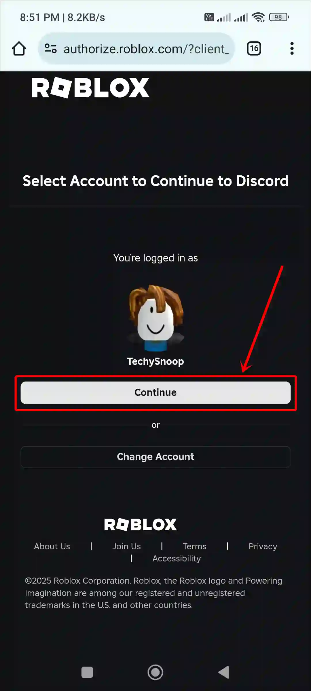 discord app connect roblox continue