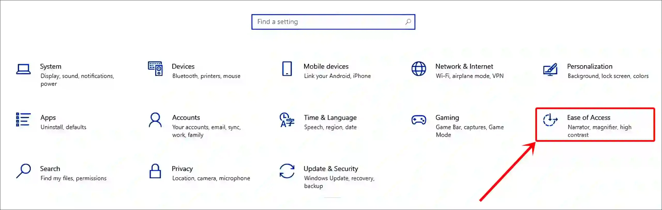 ease of access settings in windows 10