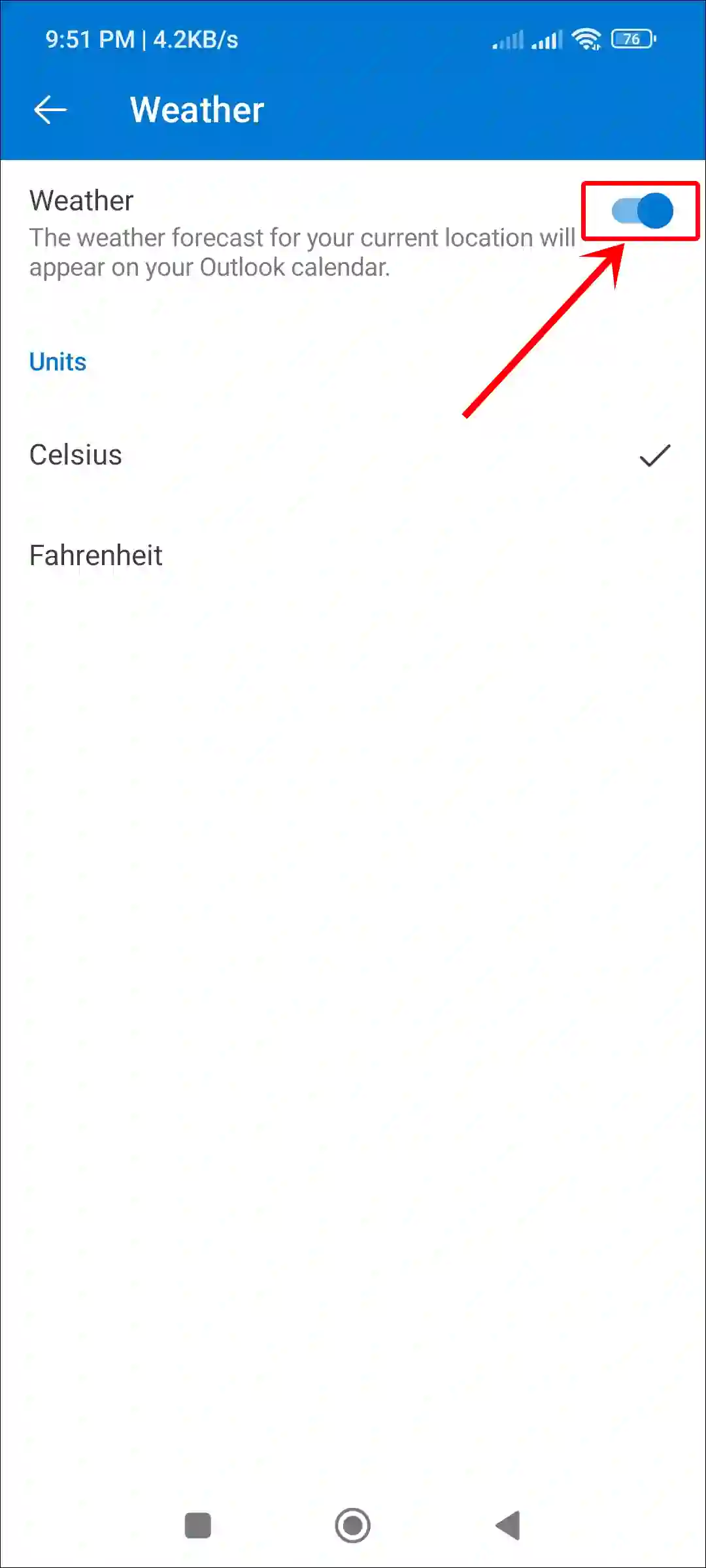 enable weather in outlook calendar android