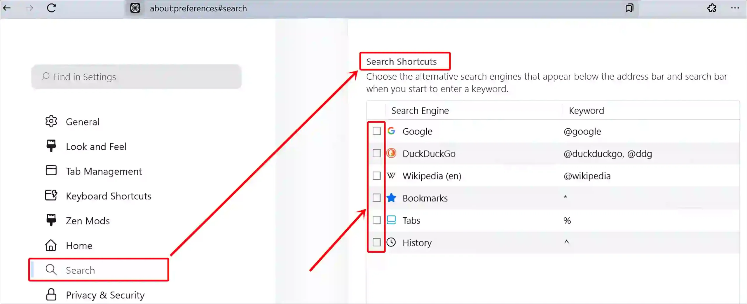 hide search shortcuts in the zen browser url bar