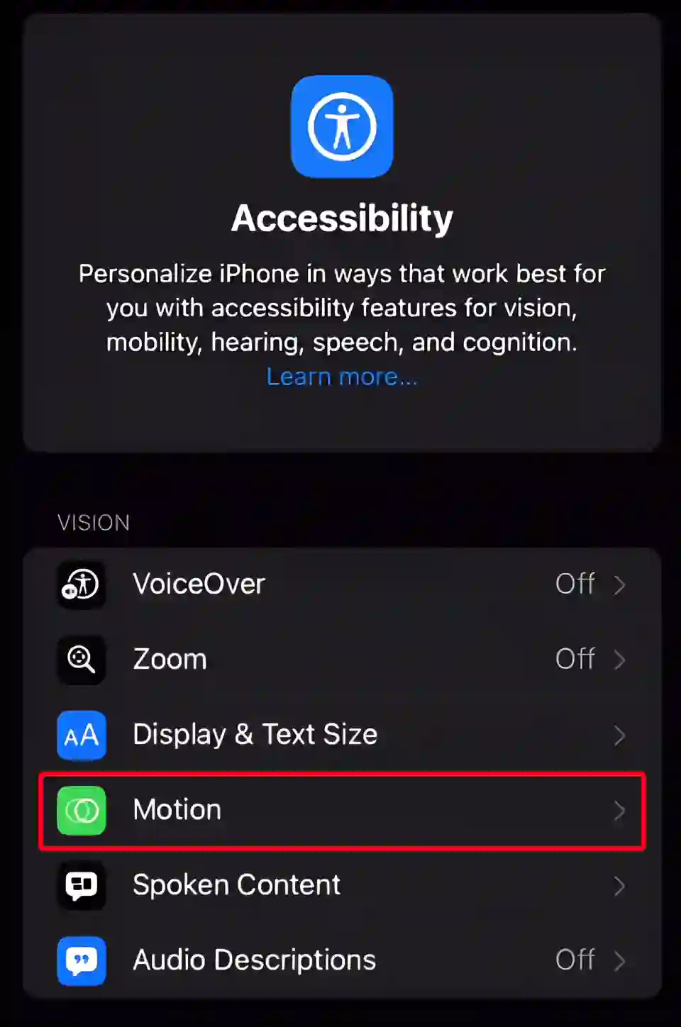 iphone accessibility motion settings